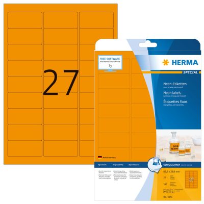 Herma No. 5141 univerzális 63,5 x 29,6 mm méretű, neon narancssárga színű öntapadó etikett címke A4-es íven - 540 etikett címke / csomag - 20 ív / csomag (Herma 5141)