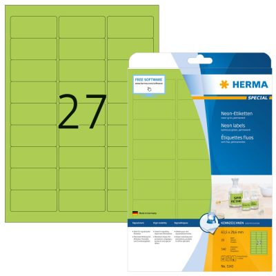 Herma No. 5143 univerzális 63,5 x 29,6 mm méretű, neonzöld színű öntapadó etikett címke A4-es íven - 540 etikett címke / csomag - 20 ív / csomag (Herma 5143)