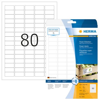 Herma No. 10901 fehér színű 35,6 x 16,9 mm méretű, univerzálisan nyomtatható, öntapadós etikett címke, 2-szer erősebben tapadó ragasztóval A4-es íven - kiszerelés: 2000 címke / 25 ív