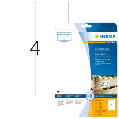 Herma No. 10909 fehér színű 105 x 148 mm méretű, univerzálisan nyomtatható, öntapadós etikett címke, 2-szer erősebben tapadó ragasztóval A4-es íven - kiszerelés: 100 címke / 25 ív