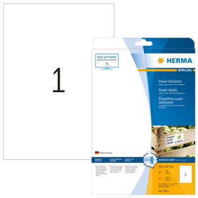 Herma No. 10911 fehér színű 210 x 297 mm méretű, univerzálisan nyomtatható, öntapadós etikett címke, 2-szer erősebben tapadó ragasztóval A4-es íven - kiszerelés: 25 címke / 25 ív
