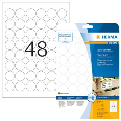 Herma No. 10915 fehér színű 30 mm átmérőjű univerzálisan nyomtatható, öntapadós etikett címke, 2-szer erősebben tapadó ragasztóval A4-es íven - kiszerelés: 1200 címke / 25 ív