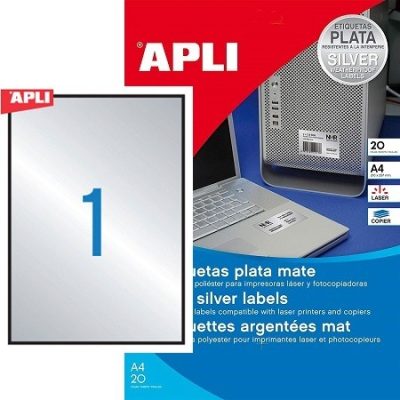 APLI No. 10071 ezüst színű 210 x 297 mm méretű, lézernyomtatóval nyomtatható, öntapadós ipari etikett címke, erős, tartós ragasztóval A4-es íven - kiszerelés: 20 címke / 20 ív (LCA10071)