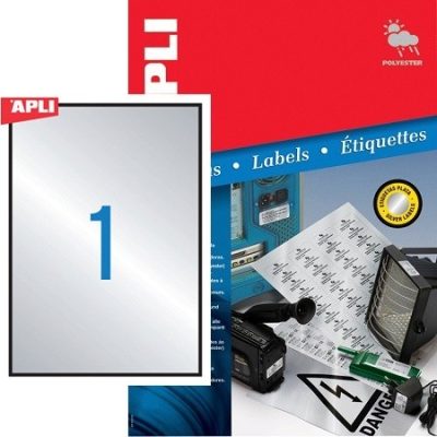 APLI No. 12974 ezüst színű 210 x 297 mm méretű, lézernyomtatóval nyomtatható, öntapadós ipari etikett címke, erős, tartós ragasztóval A4-es íven - kiszerelés: 100 címke / 100 ív (LCA12974)
