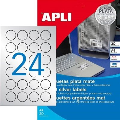 APLI No. 12975 ezüst színű 40 mm átmérőjű, lézernyomtatóval nyomtatható, öntapadós ipari etikett címke, erős, tartós ragasztóval A4-es íven - kiszerelés: 480 címke / 20 ív (LCA12975)