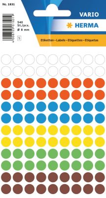 Herma Vario No. 1831 vegyes színű, 8 mm átmérőjű, öntapadó jelölő címke (jelölő pötty, jelölő pont) permanens ragasztóval - kiszerelés: 540 címke / csomag, 5 ív / csomag (Herma 1831)