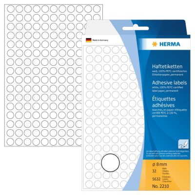 Herma No. 2210 fehér színű, 8 mm átmérőjű, öntapadó jelölő címke (jelölő pötty, jelölő pont) permanens ragasztóval - kiszerelés: 5632 címke / csomag, 32 ív / csomag (Herma 2210)