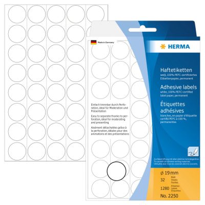 Herma No. 2250 fehér színű, 19 mm átmérőjű, öntapadó jelölő címke (jelölő pötty, jelölő pont) permanens ragasztóval - kiszerelés: 1280 címke / csomag, 32 ív / csomag (Herma 2250)