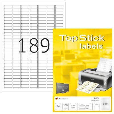 TopStick No. 8780 fehér színű 25,4 x 10 mm méretű, univerzálisan nyomtatható, öntapadós etikett címke, permanens ragasztóval A4-es íven - kiszerelés: 18900 címke / 100 ív