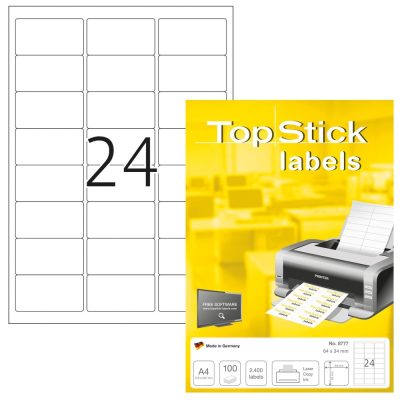 TopStick No. 8777 fehér színű 64 x 34 mm méretű, univerzálisan nyomtatható, öntapadós etikett címke, permanens ragasztóval A4-es íven - kiszerelés: 2400 címke / 100 ív