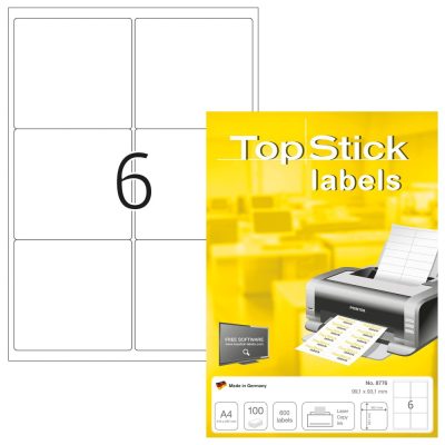 TopStick No. 8776 fehér színű 99,1 x 93,1 mm méretű, univerzálisan nyomtatható, öntapadós etikett címke, permanens ragasztóval A4-es íven - kiszerelés: 600 címke / 100 ív