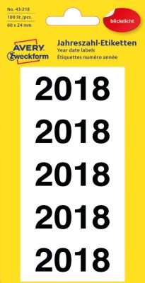 Avery Zweckform No. 43-218 fehér színű 60 x 24 mm méretű, 2018-as évszámmal előre megnyomtatott, öntapadó címke, permanens ragasztóval - kiszerelés: 100 címke / 20 ív