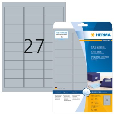 Herma No. 4098 ezüst színű 63,5 x 29,6 mm méretű, lézernyomtatóval nyomtatható, fényes felületű öntapadós dekorációs címke, permanens ragasztóval A4-es íven - 675 címke / csomag - 25 ív / csomag