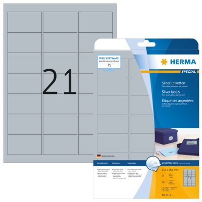 Herma No. 4113 ezüst színű 63,5 x 38,1 mm méretű, lézernyomtatóval nyomtatható, fényes felületű öntapadós dekorációs címke, permanens ragasztóval A4-es íven - 525 címke / csomag - 25 ív / csomag