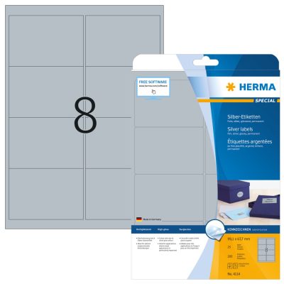 Herma No. 4114 ezüst színű 99,1 x 67,7 mm méretű, lézernyomtatóval nyomtatható, fényes felületű öntapadós dekorációs címke, permanens ragasztóval A4-es íven - 200 címke / csomag - 25 ív / csomag