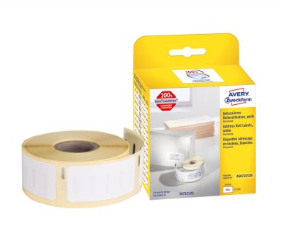 Avery Zweckform No. AS0722520 fehér színű 25 x 54 mm méretű, nyomtatható öntapadós tekercses címzés címke, permanens ragasztóval - kiszerelés: 500 címke / tekercs, 1 tekercs / doboz