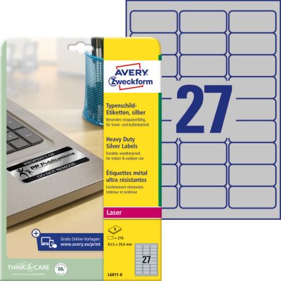 Avery Zweckform No. L6011-8 ezüst színű 63,5 x 29,6 mm méretű, lézernyomtatóval nyomtatható, öntapadós ipari etikett címke, erős, tartós ragasztóval A4-es íven - kiszerelés: 216 címke / 8 ív