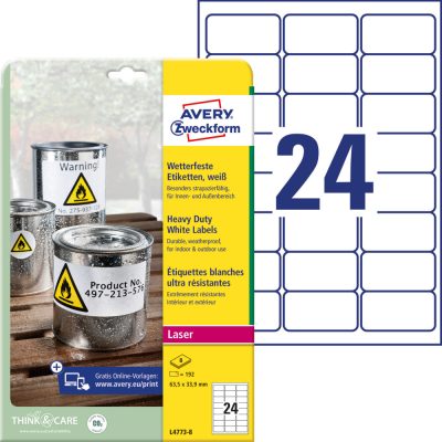 Avery Zweckform No. L4773-8 fehér színű 63,5 x 33,9 mm méretű, lézernyomtatóval nyomtatható, öntapadós időjárásálló etikett címke, erős, tartós ragasztóval A4-es íven - kiszerelés: 192 címke / 8 ív