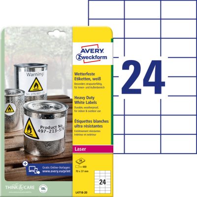 Avery Zweckform No. L4718-20 fehér színű 70 x 37 mm méretű, lézernyomtatóval nyomtatható, öntapadós időjárásálló etikett címke, erős, tartós ragasztóval A4-es íven - kiszerelés: 480 címke / 20 ív