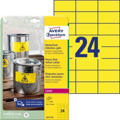 Avery Zweckform No. L6131-20 sárga színű 70 x 37 mm méretű, lézernyomtatóval nyomtatható, öntapadós időjárásálló etikett címke, erős, tartós ragasztóval A4-es íven - kiszerelés: 480 címke / 20 ív
