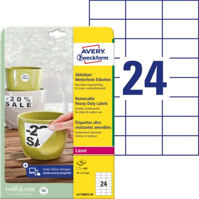 Avery Zweckform No. L4718REV-20 fehér színű 70 x 37 mm méretű, lézernyomtatóval nyomtatható, öntapadós időjárásálló etikett címke, visszaszedhető ragasztóval A4-es íven - 480 címke / 20 ív