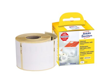 Avery Zweckform No. AS0722440 fehér színű 54 x 70 mm méretű, nyomtatható öntapadós tekercses etikett címke, permanens ragasztóval - kiszerelés: 320 címke / tekercs, 1 tekercs / doboz