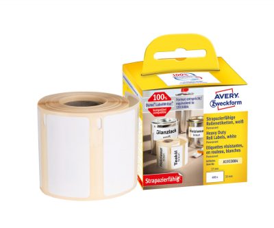 Avery Zweckform No. A1933084 fehér színű 57 x 32 mm méretű, nyomtatható öntapadós tekercses időjárásálló etikett címke, erős, tartós ragasztóval - kiszerelés: 400 címke / tekercs, 1 tekercs / doboz