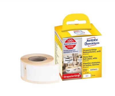 Avery Zweckform No. A1976411 fehér színű 25 x 54 mm méretű, nyomtatható öntapadós tekercses időjárásálló etikett címke, erős, tartós ragasztóval - kiszerelés: 160 címke / tekercs, 1 tekercs / doboz