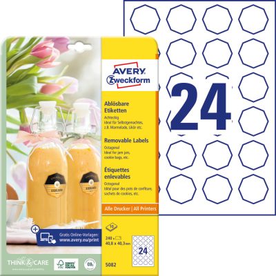 Avery Zweckform No. 5082 fehér színű 40,8 x 40,3 mm méretű, nyolcszög alakú, univerzálisan nyomtatható, öntapadós etikett címke, visszaszedhető ragasztóval A4-es íven - kiszerelés: 240 címke / 10 ív