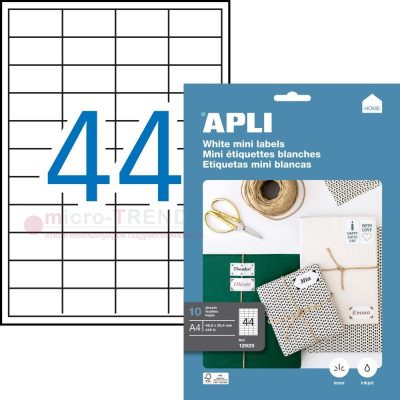 APLI No. 12925 fehér színű 48,5 x 25,4 mm méretű, univerzálisan nyomtatható, öntapadós etikett címke, permanens ragasztóval A4-es íven - kiszerelés: 440 címke / 10 ív (LCA12925)