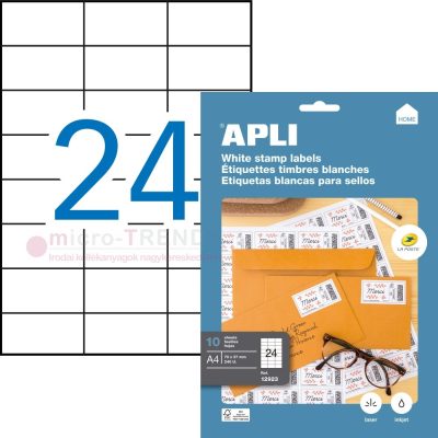 APLI No. 12923 fehér színű 70 x 37 mm méretű, univerzálisan nyomtatható, öntapadós etikett címke, permanens ragasztóval A4-es íven - kiszerelés: 240 címke / 10 ív (LCA12923)
