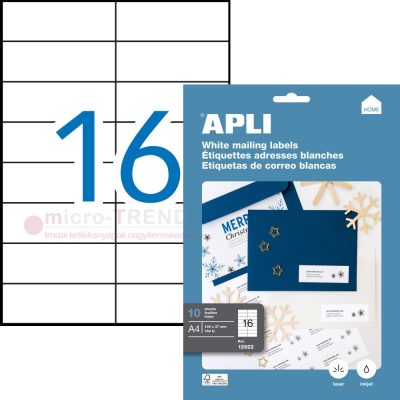 APLI No. 12922 fehér színű 105 x 37 mm méretű, univerzálisan nyomtatható, öntapadós etikett címke, permanens ragasztóval A4-es íven - kiszerelés: 160 címke / 10 ív (LCA12922)