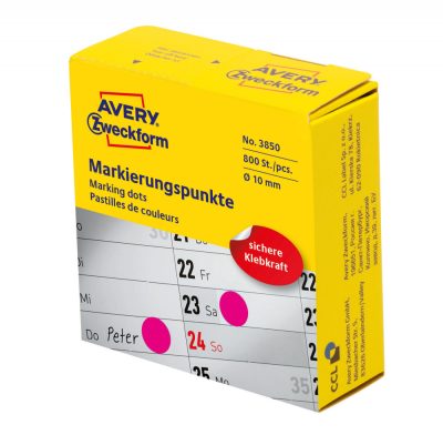 Avery Zweckform No. 3850 magenta színű, 10 mm átmérőjű, tekercses öntapadós jelölő címke adagoló dobozban - doboz tartalma: 1 tekercs, 800 darab címke
