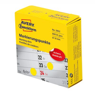 Avery Zweckform No. 3852 sárga színű, 10 mm átmérőjű, tekercses öntapadós jelölő címke adagoló dobozban - doboz tartalma: 1 tekercs, 800 darab címke