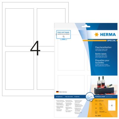 Herma No. 8882 fehér színű 90 x 120 mm méretű, tintasugaras nyomtatóval nyomtatható, fényes felületű öntapadós borosüveg címke, permanens ragasztóval A4-es íven - kiszerelés: 40 címke / 10 ív