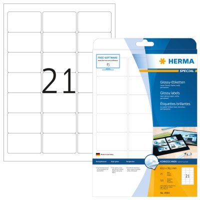 Herma No. 4904 fehér színű 63,5 x 38,1 mm méretű, lézernyomtatóval nyomtatható, fényes felületű öntapadós etikett címke, permanens ragasztóval A4-es íven - kiszerelés: 525 címke / 25 ív