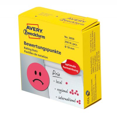 Avery Zweckform No. 3859 piros színű, 19 mm átmérőjű, tekercses öntapadós motivációs matrica adagoló dobozban szomorú arc piktogrammal - doboz tartalma: 1 tekercs, 250 darab címke
