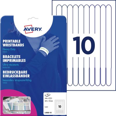 Avery Zweckform No. L4000-10 fehér színű 265 x 18 mm méretű, lézernyomtatóval nyomtatható, vízálló karszalag erős, tartós ragasztóval A4-es íven - kiszerelés: 100 karszalag / 10 ív