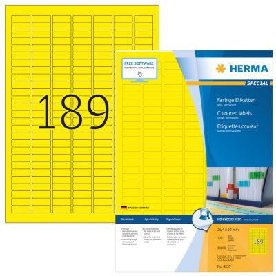 Herma No. 4237 sárga színű 25,4 x 10 mm méretű, univerzálisan nyomtatható, matt felületű öntapadós etikett címke, permanens ragasztóval A4-es íven - kiszerelés: 18900 címke / 100 ív
