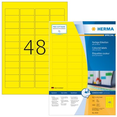 Herma No. 4544 sárga színű 45,7 x 21,2 mm méretű, univerzálisan nyomtatható, matt felületű öntapadós etikett címke, permanens ragasztóval A4-es íven - kiszerelés: 4800 címke / 100 ív