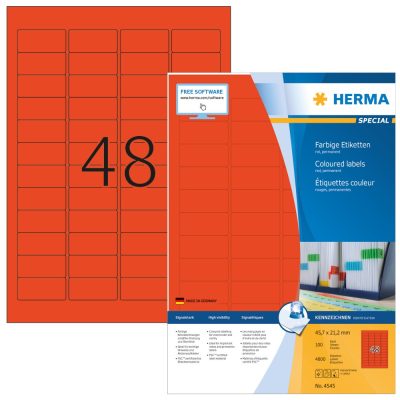 Herma No. 4545 piros színű 45,7 x 21,2 mm méretű, univerzálisan nyomtatható, matt felületű öntapadós etikett címke, permanens ragasztóval A4-es íven - kiszerelés: 4800 címke / 100 ív