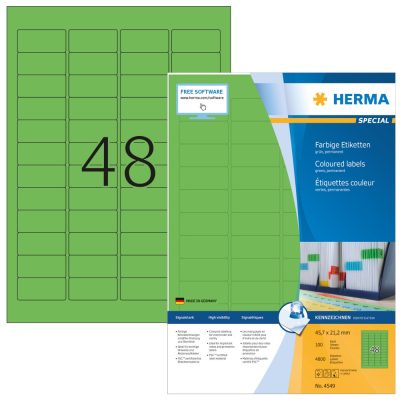 Herma No. 4549 zöld színű 45,7 x 21,2 mm méretű, univerzálisan nyomtatható, matt felületű öntapadós etikett címke, permanens ragasztóval A4-es íven - kiszerelés: 4800 címke / 100 ív
