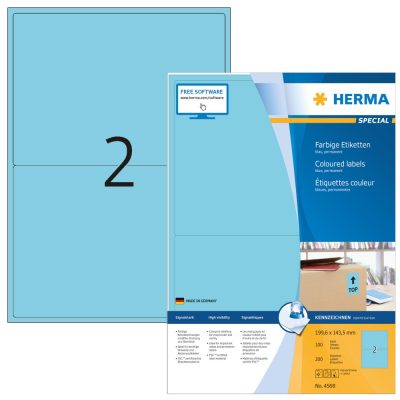 Herma No. 4568 kék színű 199,6 x 143,5 mm méretű, univerzálisan nyomtatható, matt felületű öntapadós etikett címke, permanens ragasztóval A4-es íven - kiszerelés: 200 címke / 100 ív