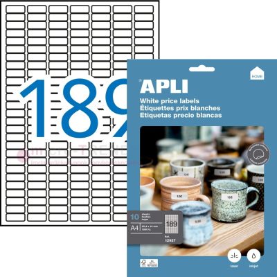 APLI No. 12927 fehér színű 25,4 x 10 mm méretű, univerzálisan nyomtatható, öntapadós etikett címke, visszaszedhető ragasztóval A4-es íven - kiszerelés: 1890 címke / 10 ív (LCA12927)