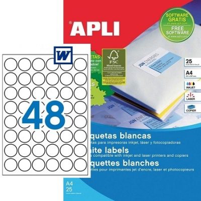 APLI No. 13882 fehér színű 30 mm átmérőjű, univerzálisan nyomtatható, öntapadós etikett címke, permanens ragasztóval A4-es íven - kiszerelés: 1200 címke / 25 ív (LCA13882)