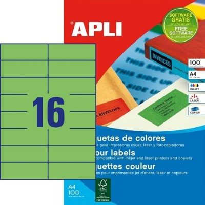 APLI No. 12979 zöld színű 105 x 37 mm méretű, univerzálisan nyomtatható, öntapadós etikett címke, permanens ragasztóval A4-es íven - kiszerelés: 1600 címke / 100 ív (LCA12979)