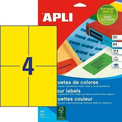 APLI No. 12991 sárga színű 105 x 148 mm méretű, univerzálisan nyomtatható, öntapadós etikett címke, permanens ragasztóval A4-es íven - kiszerelés: 80 címke / 20 ív (LCA12991)