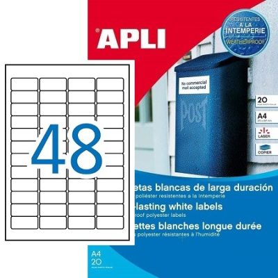 APLI No. 12112 fehér színű 45,7 x 21,2 mm méretű, lézernyomtatóval nyomtatható, öntapadós időjárásálló etikett címke, erős, tartós ragasztóval A4-es íven - kiszerelés: 960 címke / 20 ív (LCA12112)