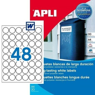 APLI No. 15092 fehér színű 30 mm átmérőjű, lézernyomtatóval nyomtatható, öntapadós időjárásálló etikett címke, erős, tartós ragasztóval A4-es íven - kiszerelés: 960 címke / 20 ív (LCA15092)
