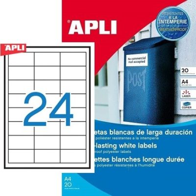 APLI No. 01226 fehér színű 64,6 x 33,8 mm méretű, lézernyomtatóval nyomtatható, öntapadós időjárásálló etikett címke, erős, tartós ragasztóval A4-es íven - kiszerelés: 480 címke / 20 ív (LCA1226)